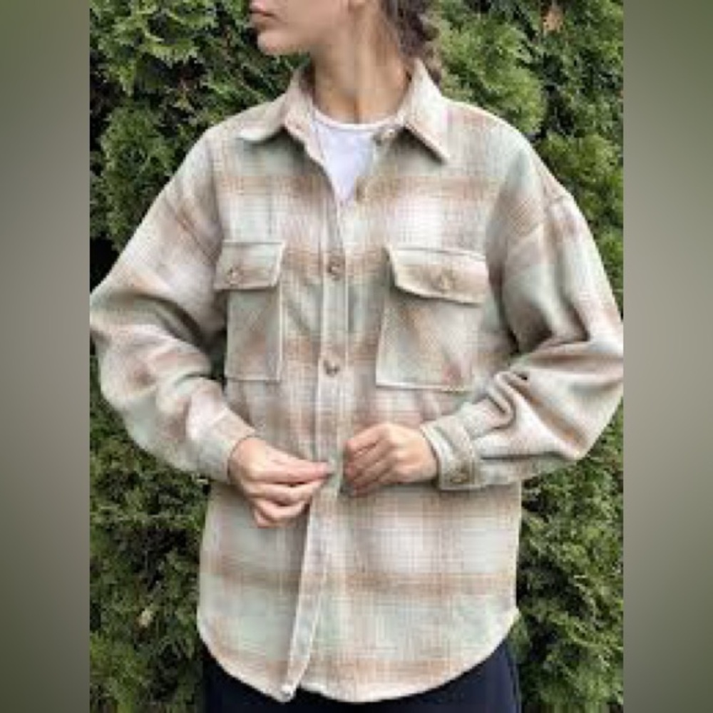 🌟3 for $30🌟 Sans Souci | Plaid Shacket | Green/Cream/Tan | L 🕥